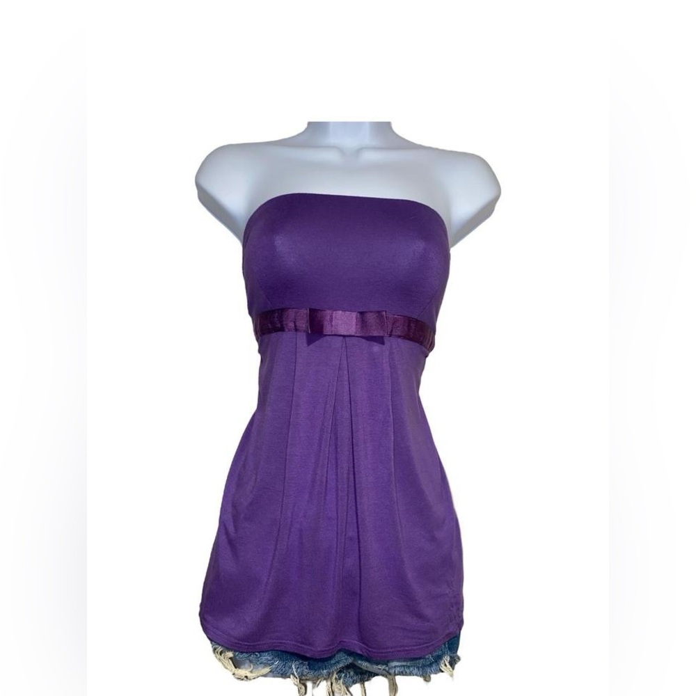 y2k purple strapless babydoll tube top with bow detail